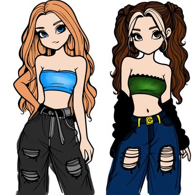 2 girls in crop tops and baggy jeans ripped