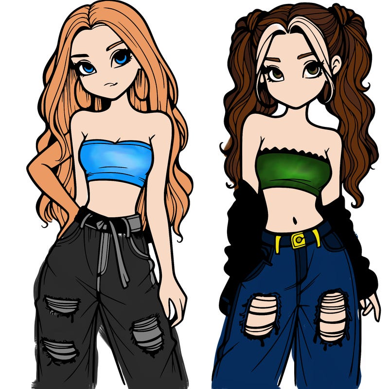 2 girls in crop tops and baggy jeans ripped