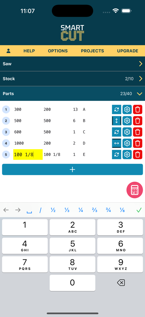 Cutlist Optimizer V2: SmartCut - A parts list in the SmartCut app showing wood dimensions with fractions and a specialized numeric keypad for quick entry