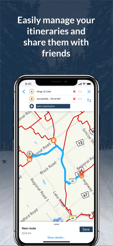 Ride PA - Ride PA mobile app interface showing a snowmobile trail itinerary with map navigation and points of interest