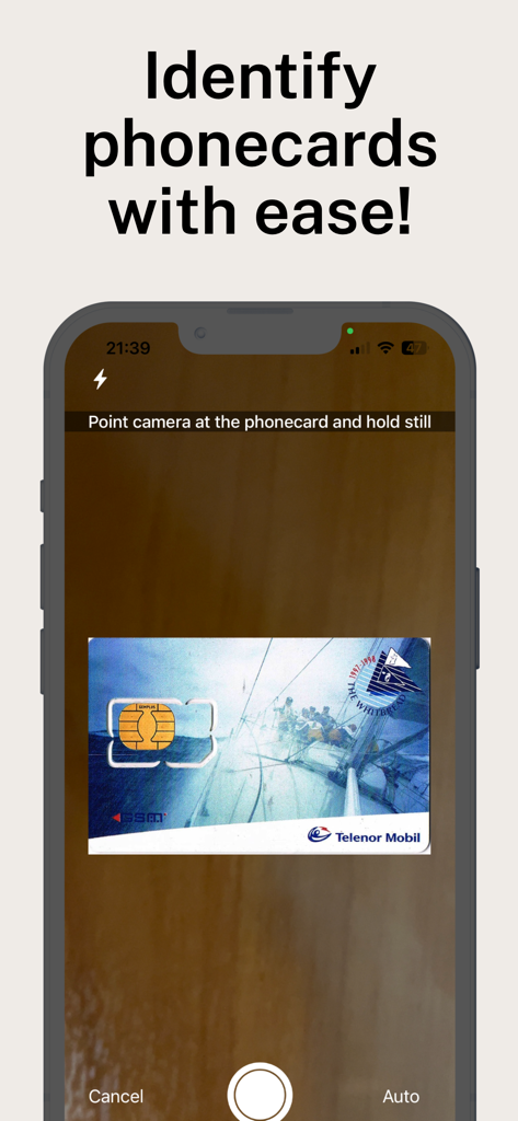 Smartphone scanning a vintage phonecard using the Phonecard Identifier app camera feature