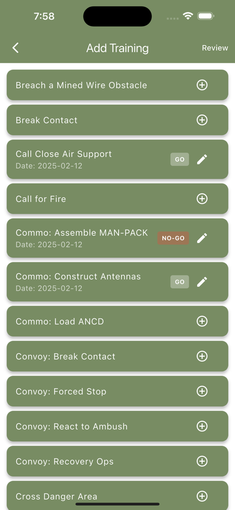 Army Ranger Handbook Trainer - A mobile app interface showing a list of military training tasks with Go and No-Go status indicators.