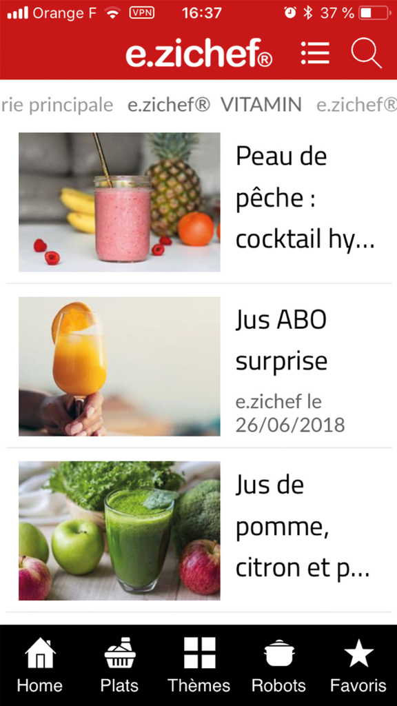 e.zichef - Interface de l'application e.zichef affichant des recettes saines de jus et de smoothies
