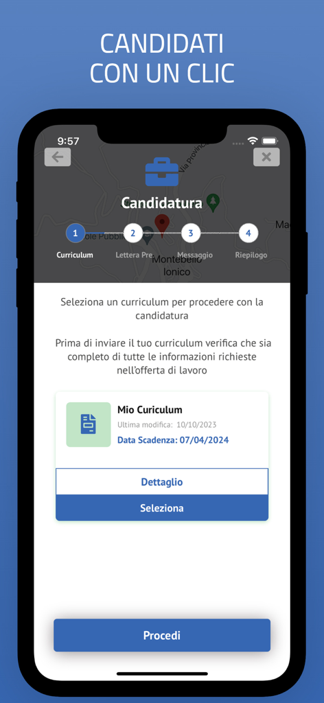 Lavoro per te Calabria - Proceso de solicitud de empleo que muestra la selección de currículum en la aplicación Lavoro per te Calabria