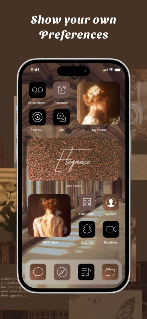 Customized brown elegance aesthetic iPhone home screen with MyTheme icons and widgets