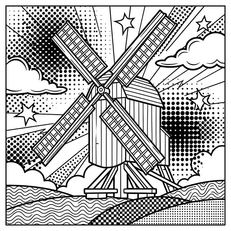 Experience the iconic post mill reimagined in an electrifying Pop Art style, ready for your creative touch. This vibrant coloring page features dynamic patterns, bold outlines, and classic halftone dots for an engaging artistic adventure.