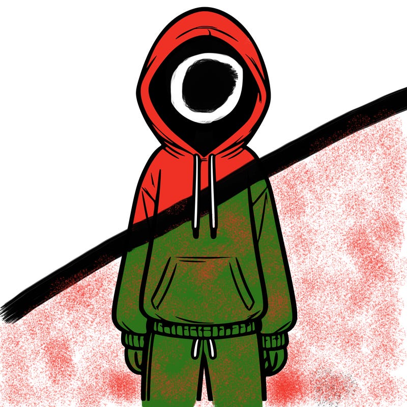faceless girl in a tracksuit with a hood on and no hair