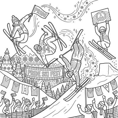 Hit the slopes with this dynamic coloring page featuring freestyle skiers celebrating Pride Month! Dive into a festive scene filled with acrobatic jumps, cheering crowds, and symbols of love and diversity.