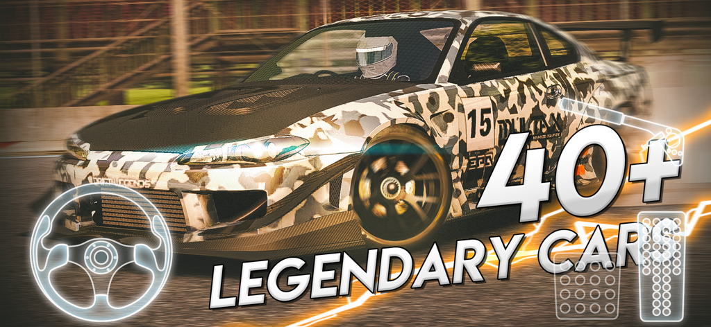 Drift legends - Um carro de drift camuflado personalizado realizando um drift em uma pista com o texto mais de 40 carros lendários