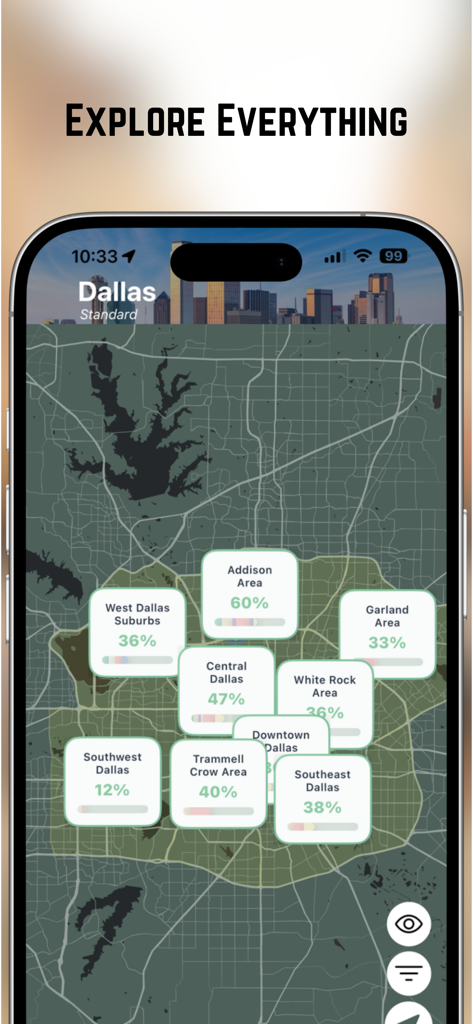 ダラスのOpen Worldアプリのマップ、AddisonやDowntownなどのさまざまな都市の近所の完了率を示すスマートフォン画面。