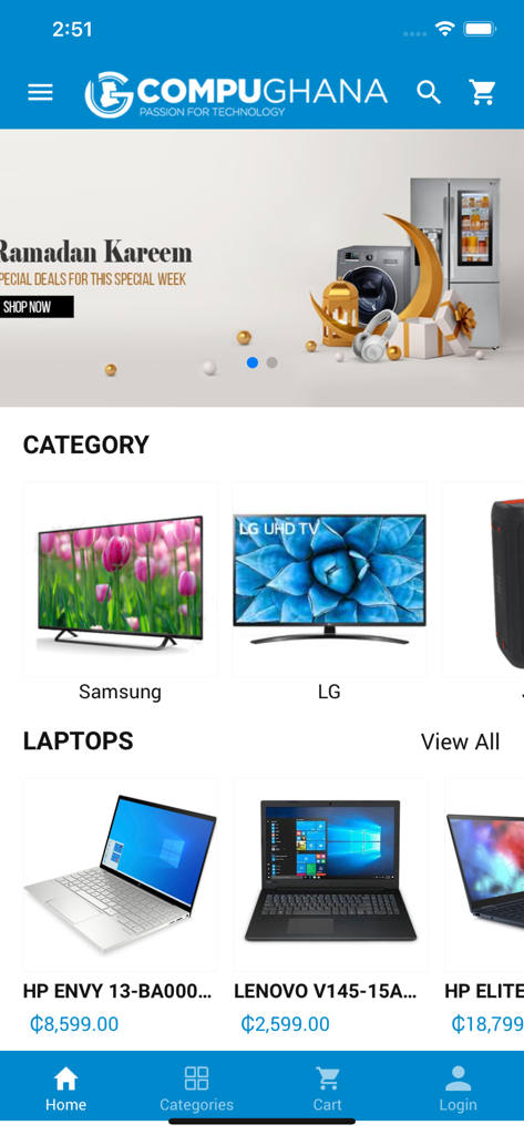 CompuGhana LTD - Schermata principale dell'app mobile CompuGhana con varie categorie di elettronica e prodotti per laptop.