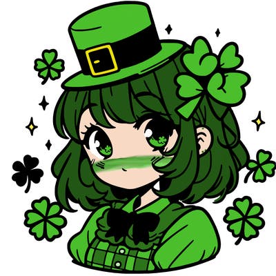 a manga-style girl with clovers around her, a little hat in her hair, like it's saint patrick's day