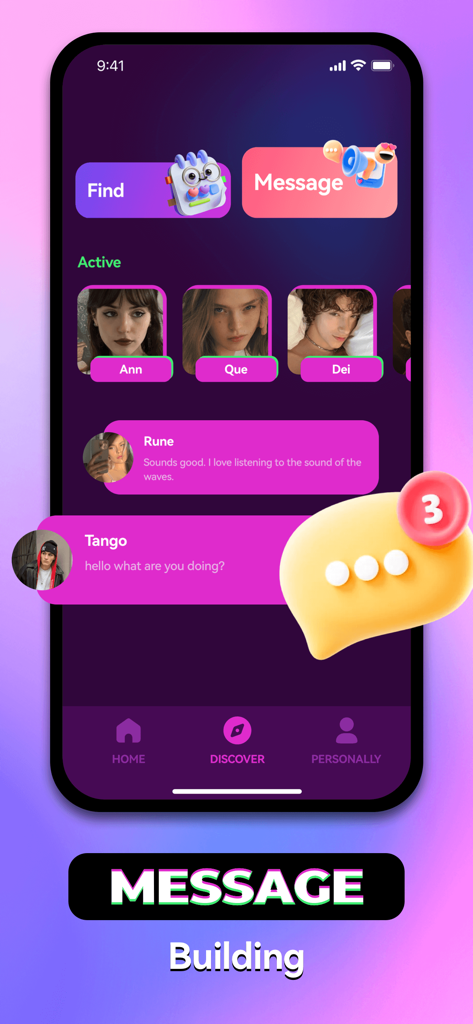 Interface de l'application Hiohub montrant les utilisateurs actifs et les notifications de messages dans l'écran de découverte