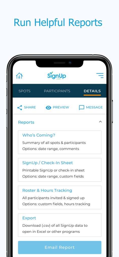 SignUp app screen showing volunteer report options like rosters and check-in sheets