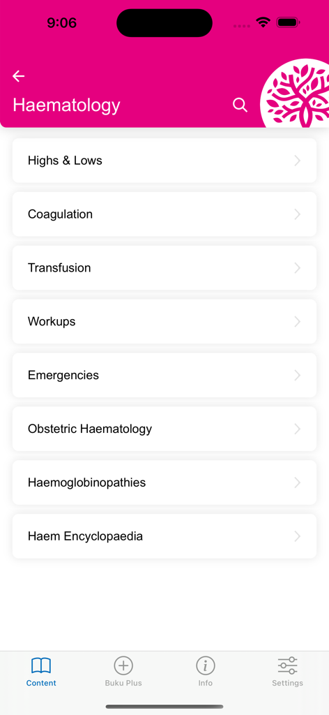 Buku Medicine - Buku Medicine app interface showing the Haematology category with clinical subtopics like Coagulation and Transfusion
