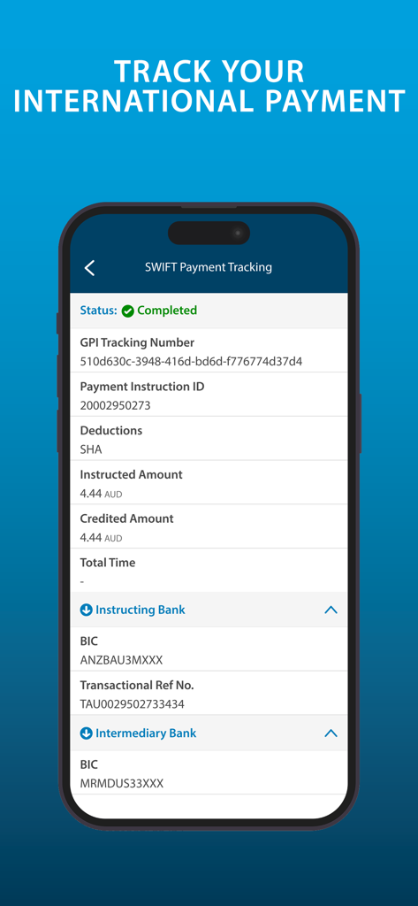 ANZ Transactive - Global - Interface of ANZ Transactive Global app for tracking international SWIFT payments