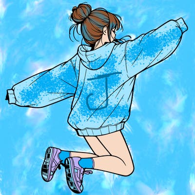 realistic girl jumping with a bun and oversized sweatshirt