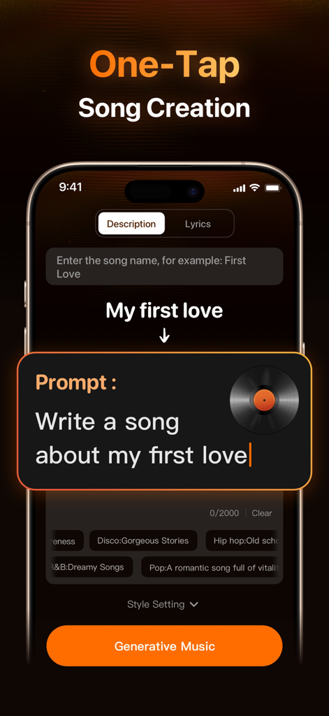 AI Songs & Music Maker：TuneMe - Tuneme app showing the one-tap song creation feature with a text prompt to generate music about first love