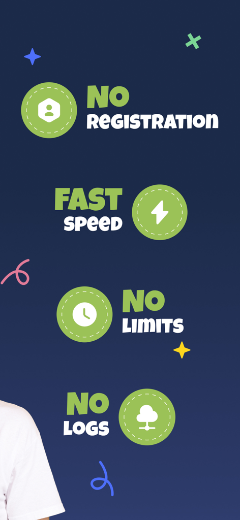 Hauptfunktionen der VPN France App: Keine Registrierung, schnelle Geschwindigkeit, keine Limits und keine Protokolle.