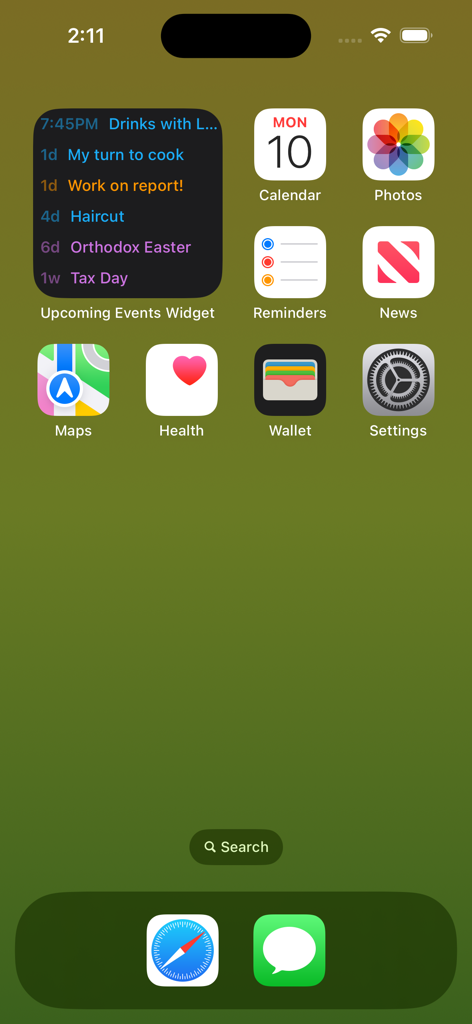 Upcoming Events Widget - An iPhone home screen showing the Upcoming Events Widget with a list of future calendar events and time countdowns.