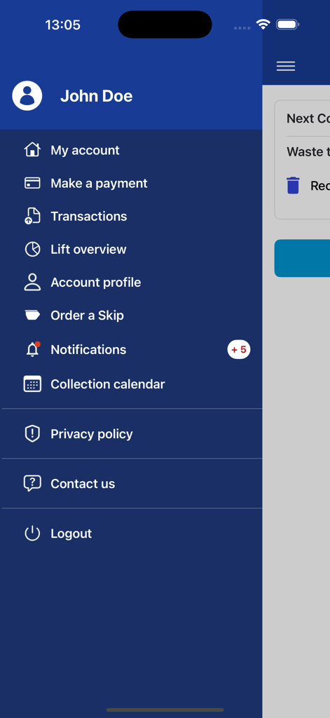 Country Clean Customer App - Side navigation menu of the Country Clean Customer App displaying account management and waste service options