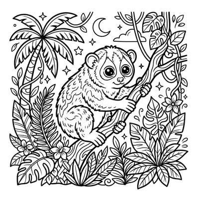 Embark on a creative adventure with this enchanting loris coloring page, featuring the adorable primate nestled in a vibrant tropical jungle at night. This detailed design offers a relaxing escape as you bring the nocturnal world to life with your favorite colors.