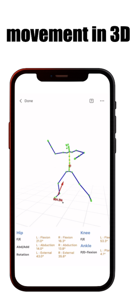MOVE! - 3D Motion Analysis - A smartphone showing the MOVE app with a 3D skeletal tracking model and detailed biomechanical data for hip and knee joint angles.