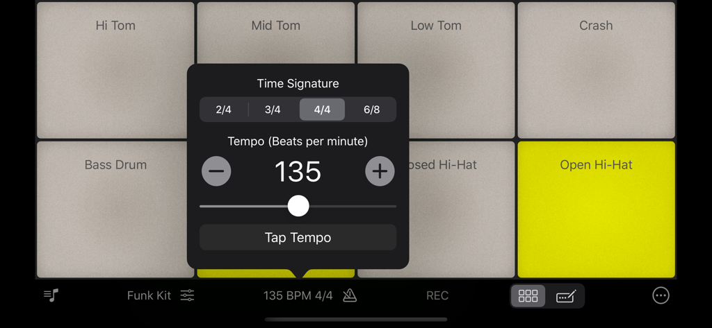 Tempo and time signature configuration menu on the Rhythm Pad Pro drum interface
