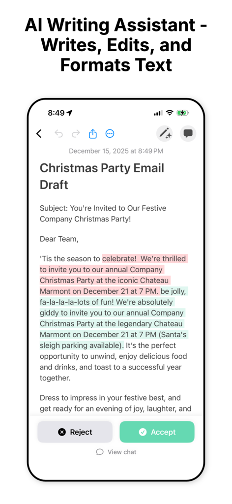 Interface of Cockatoo AI Note Taker showing the AI writing assistant editing an email draft with accept and reject options