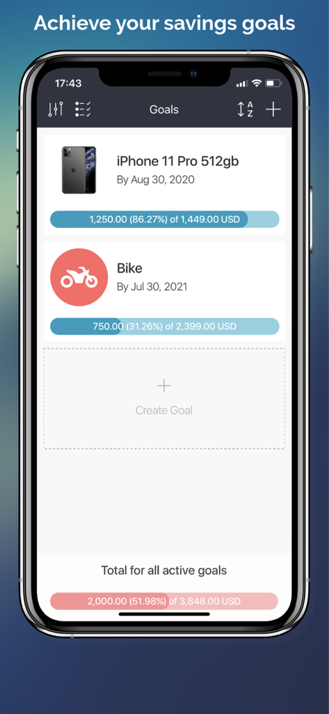 Money Goals app dashboard showing visual progress bars for saving for an iPhone and a bike