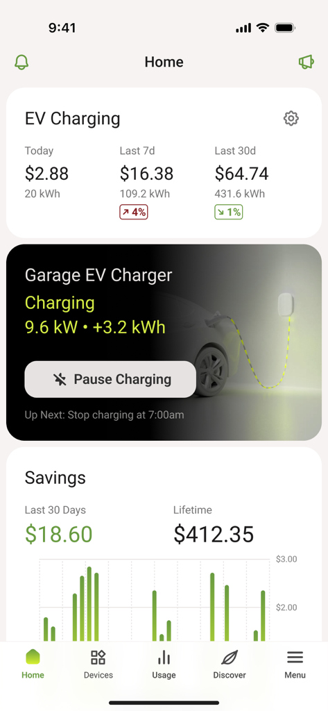 Emporia Energy - Emporia Energy mobile app showing EV charging stats and home energy savings data.