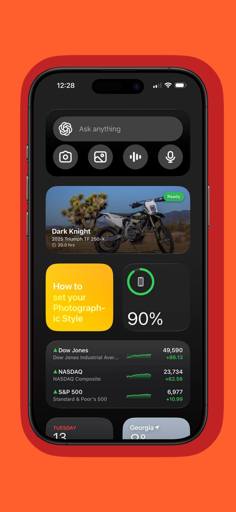 iPhone home screen featuring the DirtTime bike maintenance app widget showing a dirt bike status.