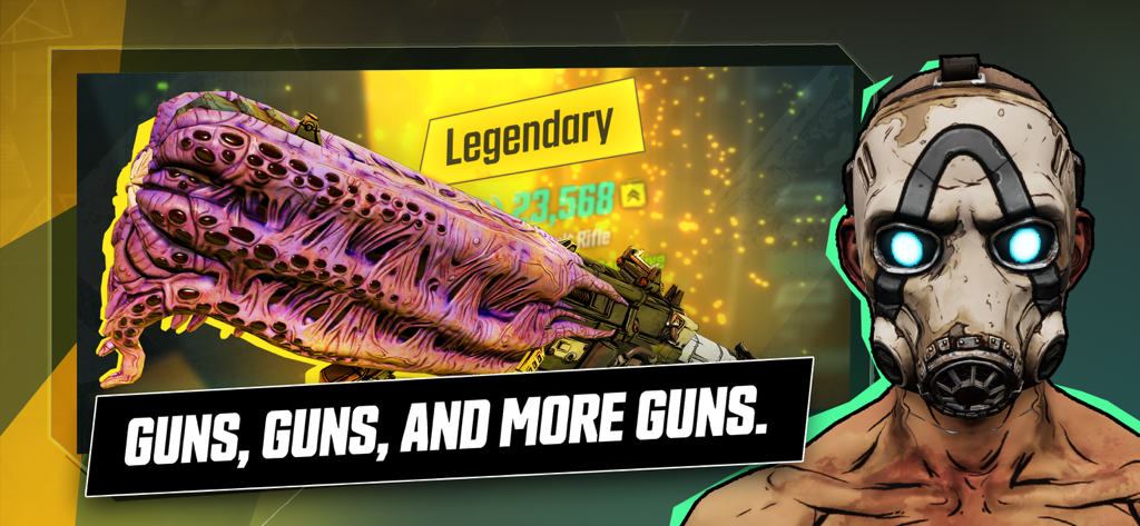 Borderlands Mobile - A promotional graphic for Borderlands Mobile showing a legendary fleshy weapon and an iconic Psycho character.