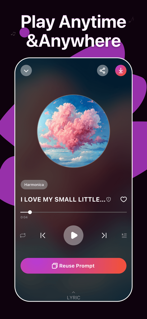 A music player screen in the Waazy app featuring an AI-generated track with cloud heart artwork and a play button.