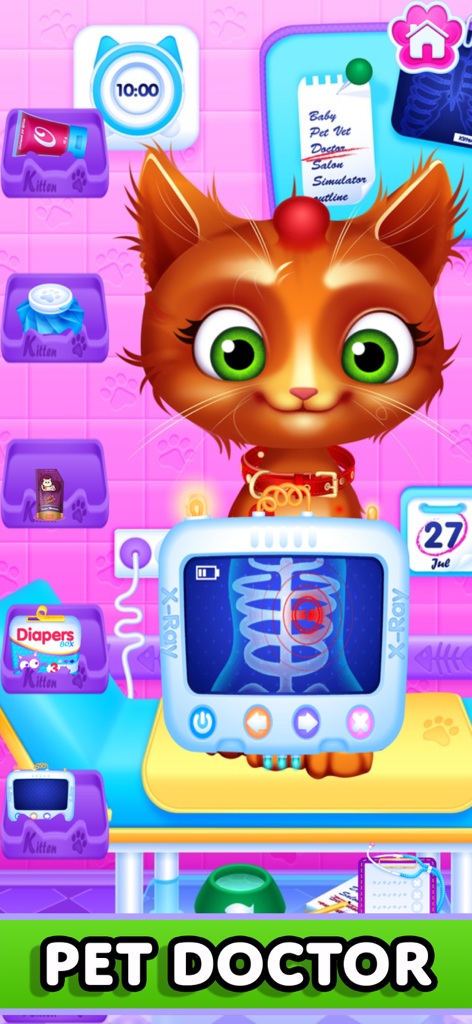 Baby Pet Puppy: Vet Makeover - A cartoon kitten getting an X-ray scan in a pet vet simulator game