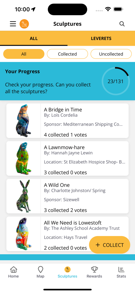 Hop to it! Suffolk Art Trail - Mobile app screen showing a list of artistic hare sculptures and a progress tracker for the Suffolk Art Trail