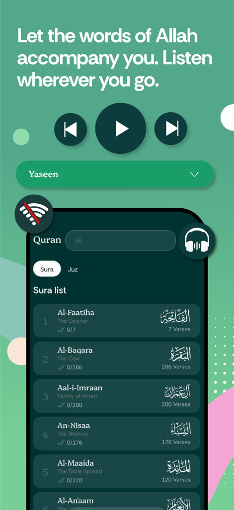 Interface do aplicativo Muslim Pro mostrando a lista de Sura do Alcorão e o reprodutor de áudio para ouvir recitações.