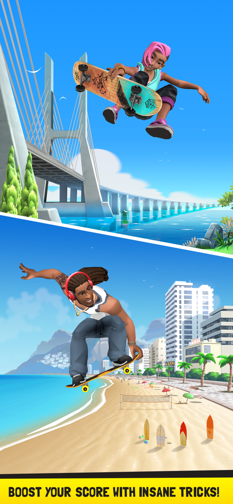Skateboarders performing aerial tricks at different locations in the Flip Skater mobile game