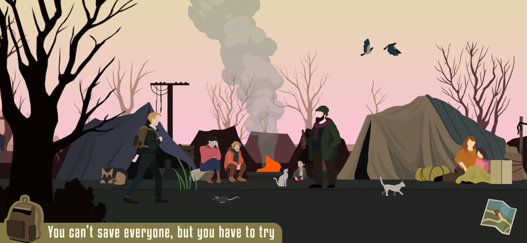 Quakeline - Hand drawn illustration of a survivor camp with tents and characters in the game Quakeline