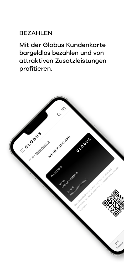 Interface do aplicativo Globus mostrando o Pluscard digital para pagamentos móveis sem dinheiro e recompensas de fidelidade