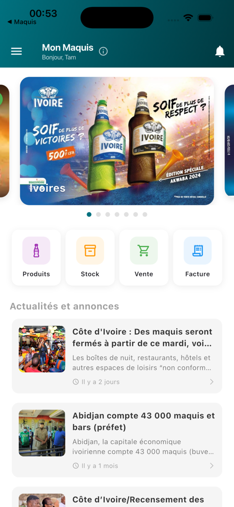 Maquis - The home screen of the Maquis app displaying management tools for products, stock, sales, and invoices alongside local business news for West African entrepreneurs.