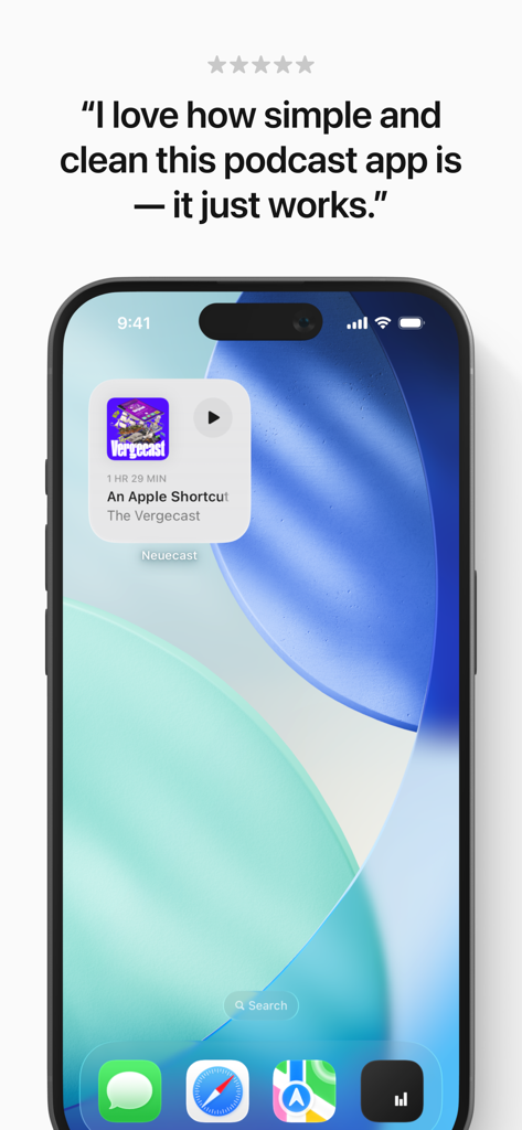 Neuecast: Podcast App - iPhone home screen showing the Neuecast podcast widget with a user testimonial about its clean design