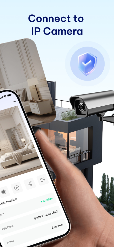 Security Camera Auto Connect - Smartphone mostrando la interfaz de la app Cámara de Seguridad Auto Conexión con una transmisión en vivo de una cámara IP de un dormitorio