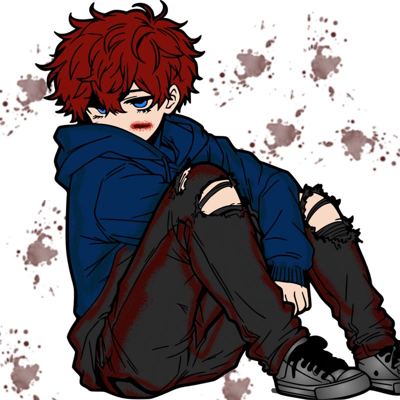 a male hoddie ripped jeans messy hair anime