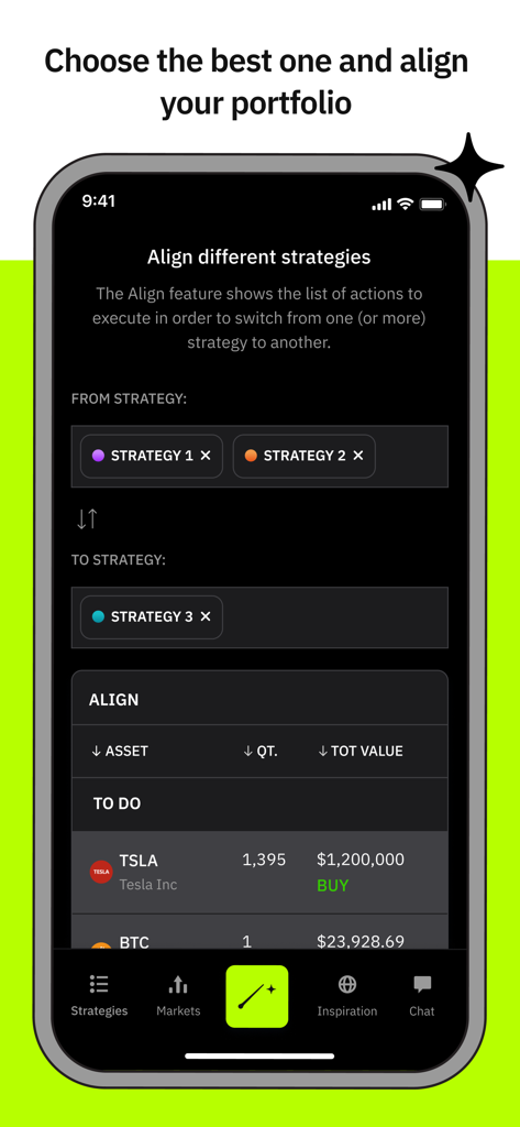Merlin Investor - Interface of Merlin Investor app showing the Align feature for switching between different investment strategies and portfolio rebalancing