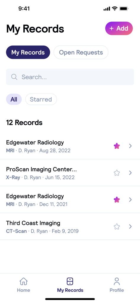Clearpath: Images & Medical - A mobile app interface titled My Records displaying a list of medical imaging files including MRIs and X-rays from different radiology centers.