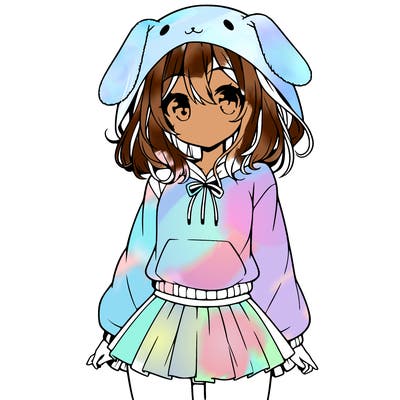 pretty anime girl wearing a fluffy hoodie with bunny ears on the hood and a skirt
