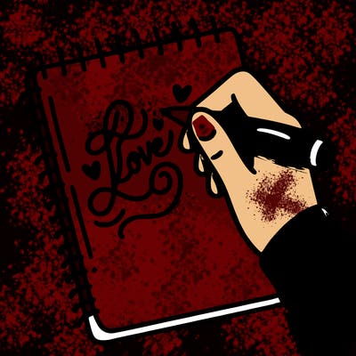 a hand writing “love” in calligraphy on a notebook