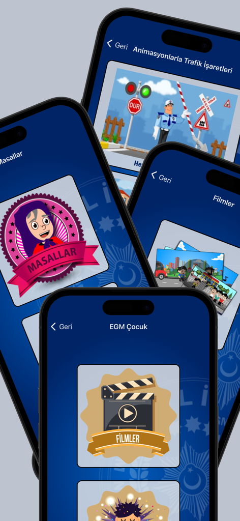 EGM Mobil - Interfaccia dell'app EGM Mobil che mostra contenuti educativi per bambini, incluse animazioni e storie sulla sicurezza stradale.