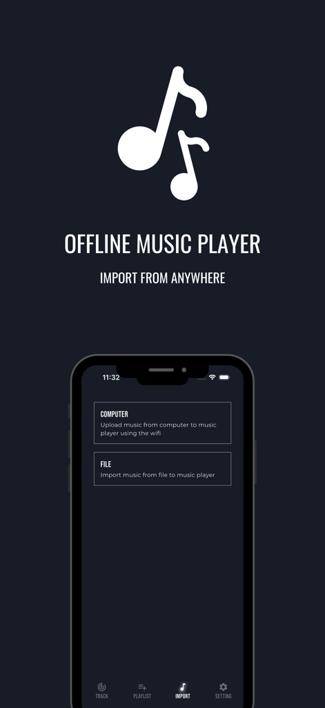 Offline Music Player - Play - Interfaz de la aplicación Reproductor de Música Offline mostrando opciones para importar música desde un ordenador vía Wi-Fi o desde archivos del dispositivo.